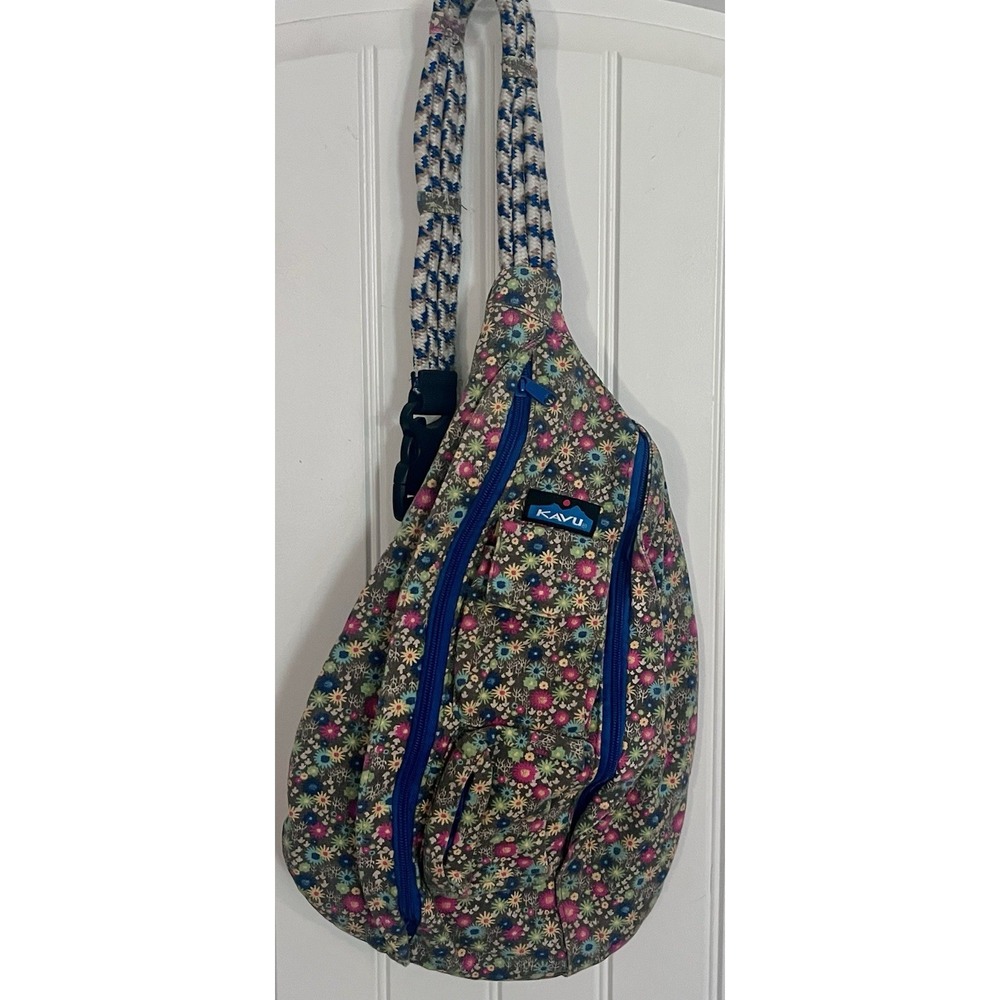 Kavu Floral Multicolor Sling Bag with Blue Zippers and Rope Strap